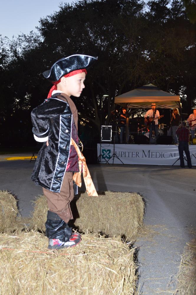 Boy dressed as pirate stands on hay bale